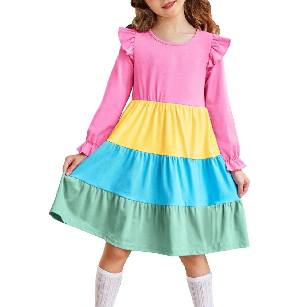 image:imageArshiner Toddler Girls Dress Ruffle Long Sleeve Casual Tiered Swing Dresses with PocketsRainbow Color 1