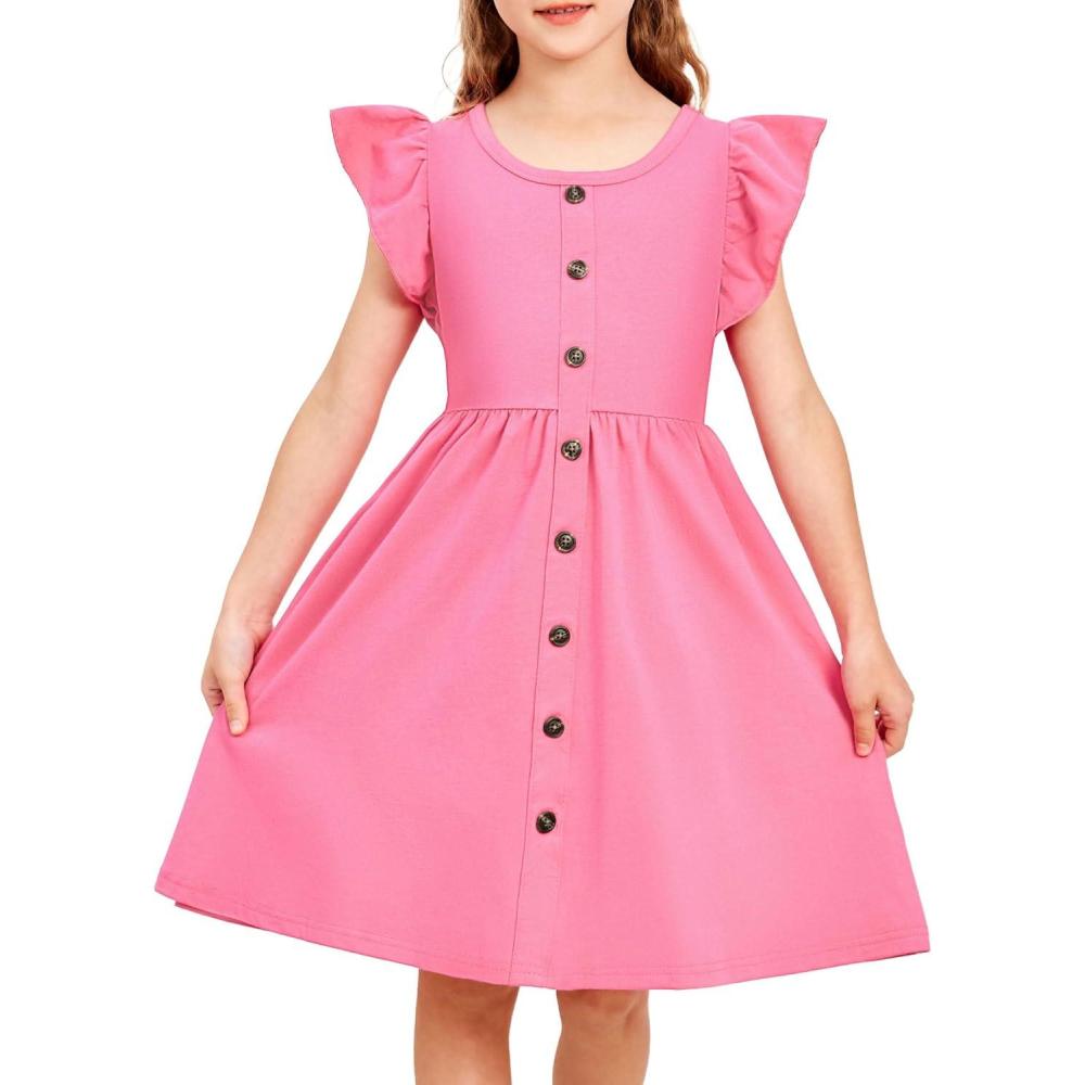 image:imageArshiner Toddler Girls Dresses Flutter Sleeve Decorative Button Down Aline SundressHot Pink