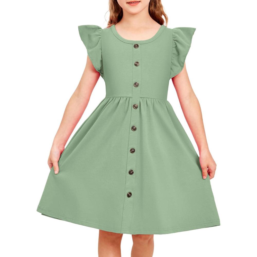image:imageArshiner Toddler Girls Dresses Flutter Sleeve Decorative Button Down Aline SundressLight Green