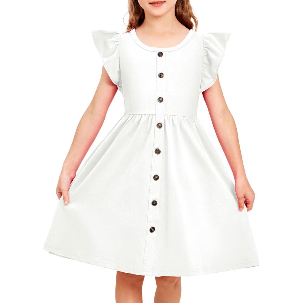 image:imageArshiner Toddler Girls Dresses Flutter Sleeve Decorative Button Down Aline SundressWhite