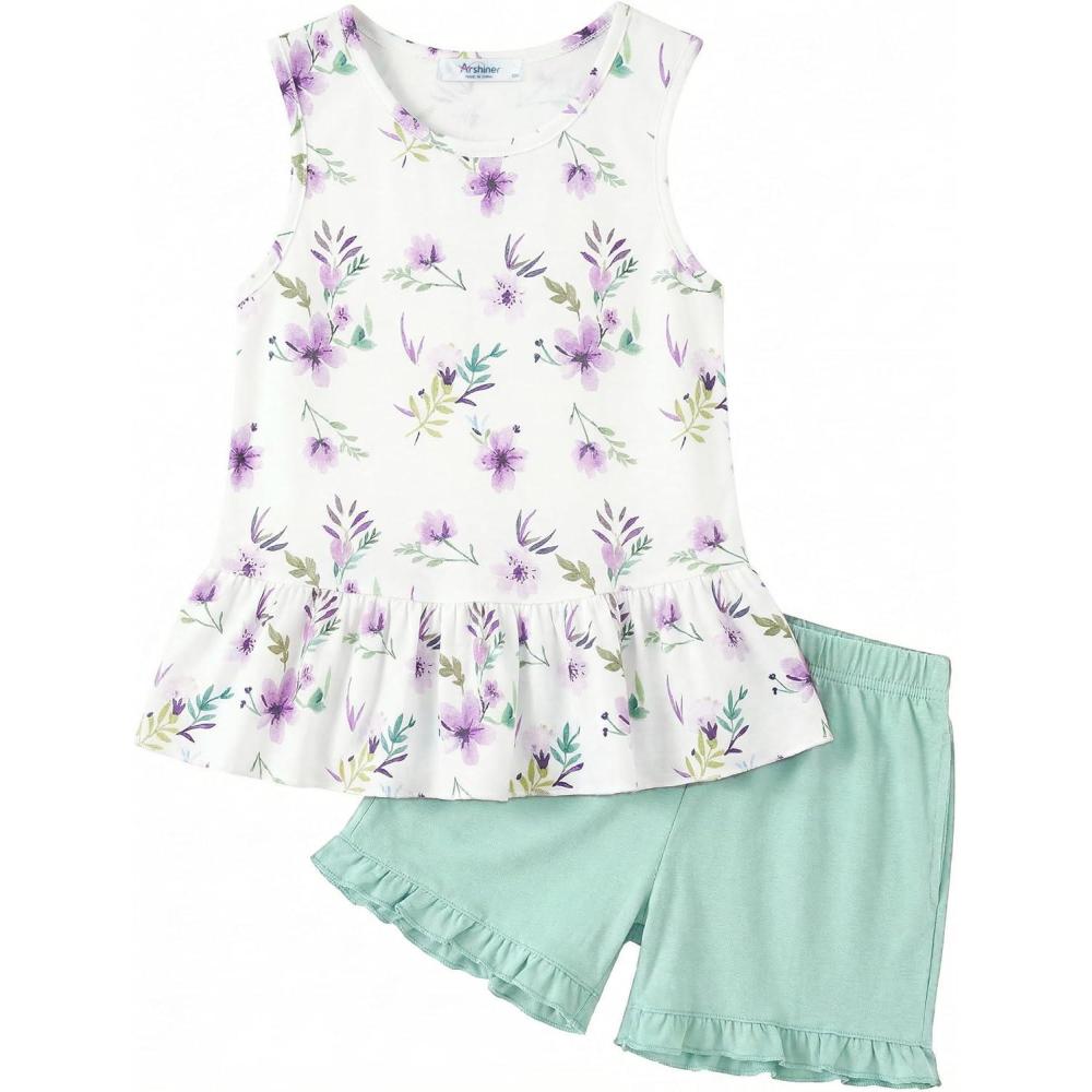 image:imageArshiner Toddler Girls Summer Outfit Sleeveless Ruffle Top and Elastic Shorts Set Kids Short Set for 28 YearsGreen Flower