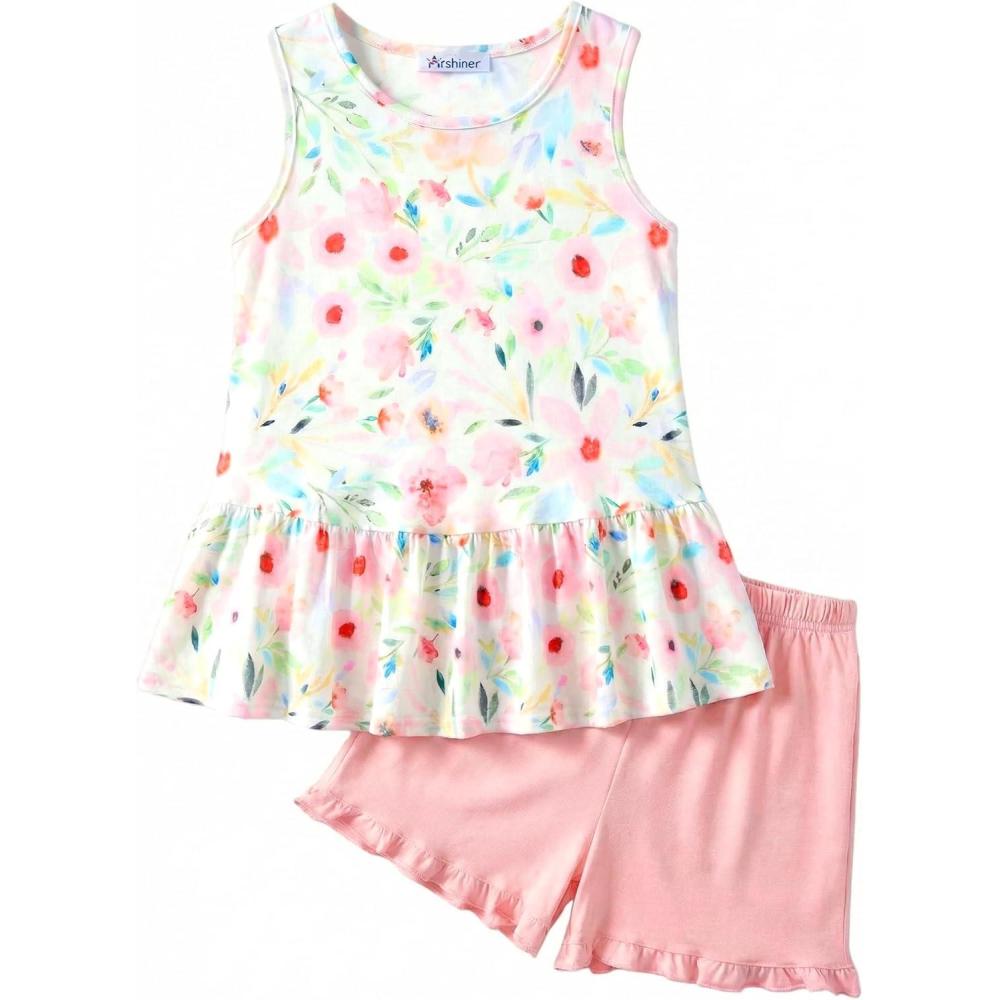 image:imageArshiner Toddler Girls Summer Outfit Sleeveless Ruffle Top and Elastic Shorts Set Kids Short Set for 28 YearsPink Flower
