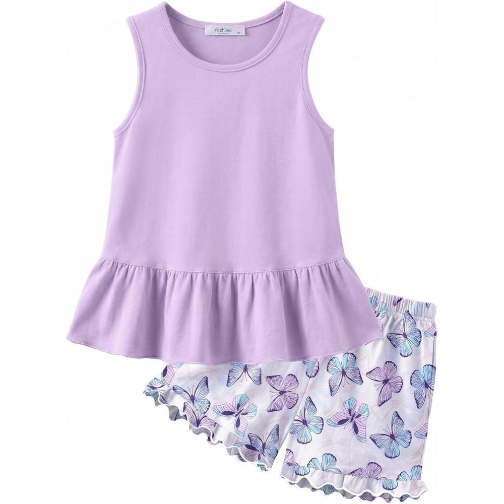 image:imageArshiner Toddler Girls Summer Outfit Sleeveless Ruffle Top and Elastic Shorts Set Kids Short Set for 28 YearsPurple Butterfly