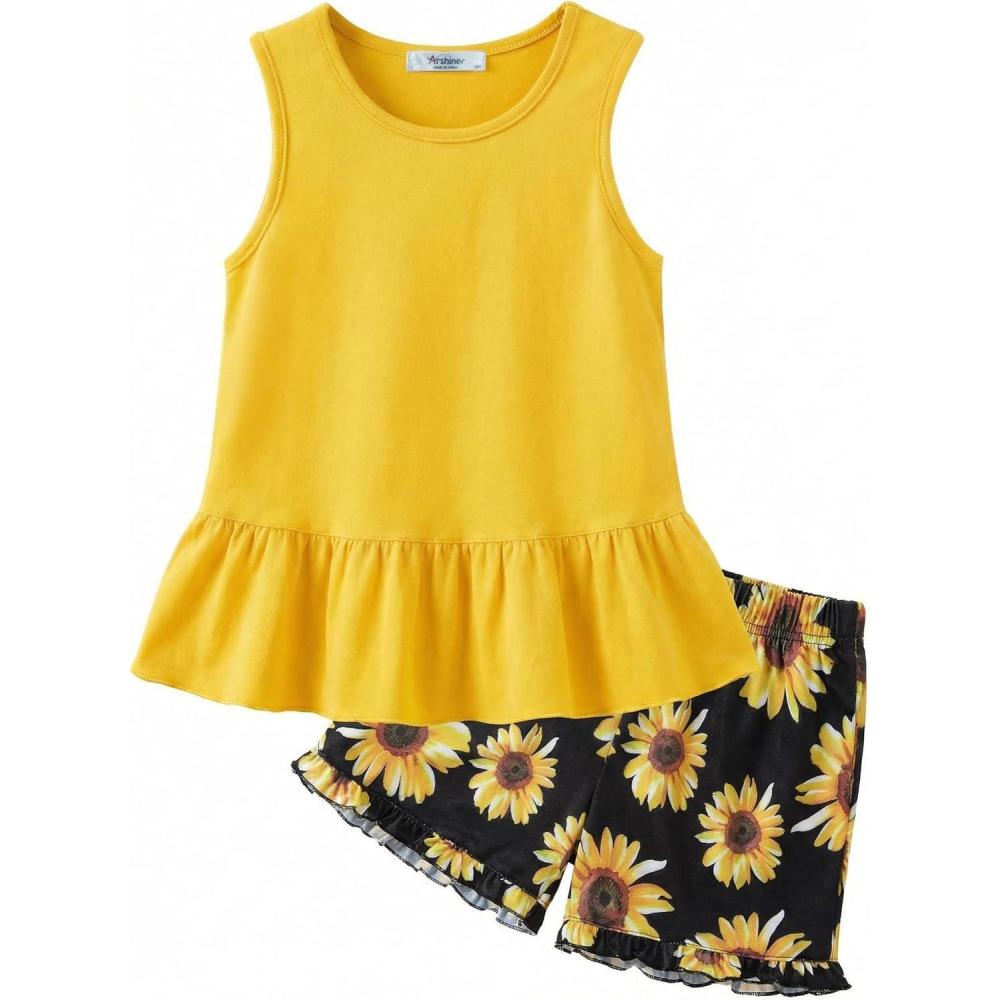 image:imageArshiner Toddler Girls Summer Outfit Sleeveless Ruffle Top and Elastic Shorts Set Kids Short Set for 28 YearsSunflower