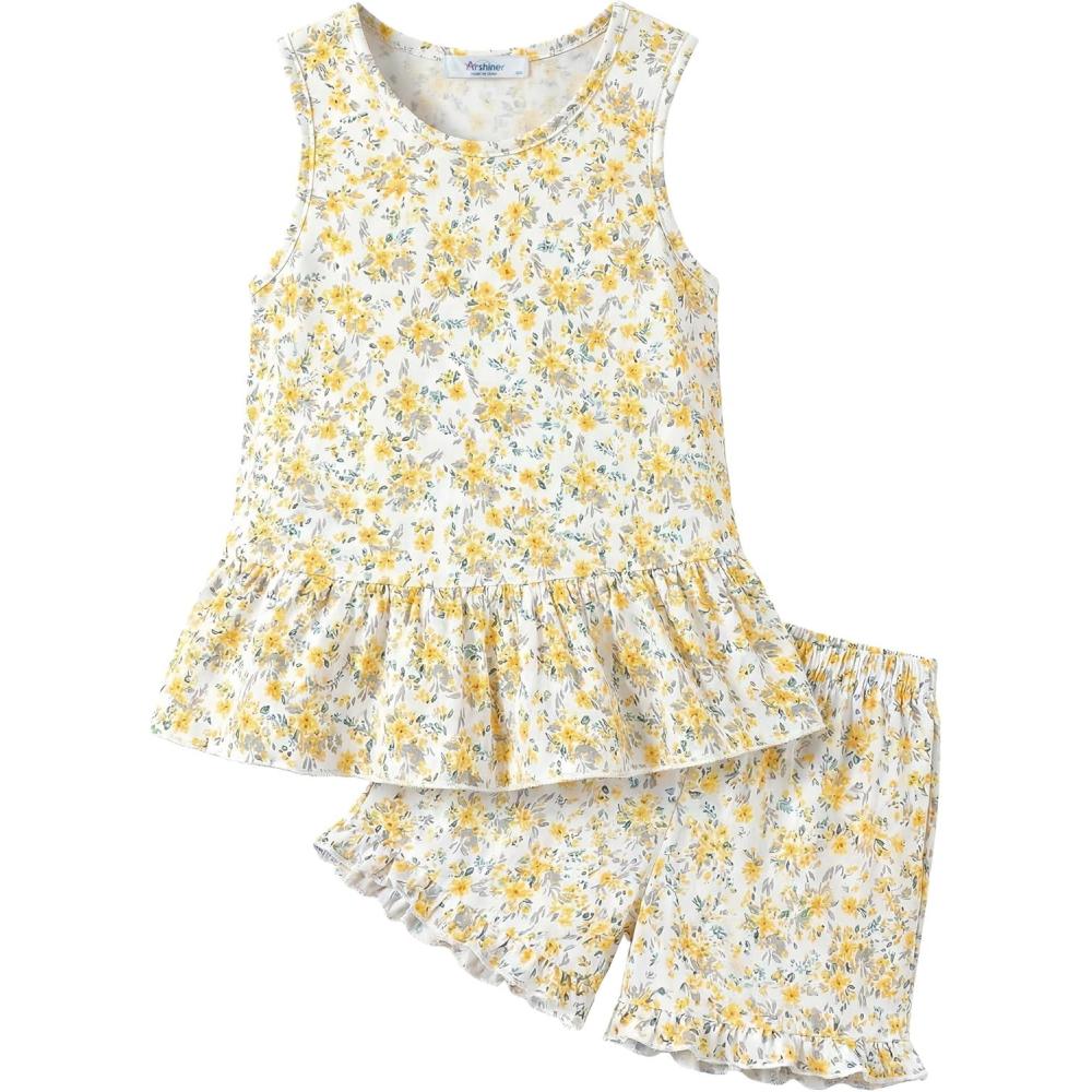 image:imageArshiner Toddler Girls Summer Outfit Sleeveless Ruffle Top and Elastic Shorts Set Kids Short Set for 28 YearsYellow Flower