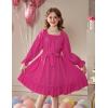 Arshiner Girls Long Sleeve Dress Holiday Party Casual Ruffle Flowy Swing Midi Dresses 5-14 Years(Hot Pink)
