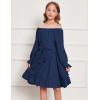 Arshiner Girls Long Sleeve Dress Holiday Party Casual Ruffle Flowy Swing Midi Dresses 5-14 Years(Navy Blue)