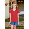 Arshiner Girls T Shirts Double Layer Ruffle Short Sleeve Casual V Neck Kids Summer Tops Blouse Tee(Red)