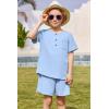Arshiner Toddler Boy Summer Outfits Short Sleeve Henley T-Shirt & Shorts Set with Pocket for 2-8 Years Kids(Light Blue)