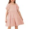 Arshiner Girls Dresses Short Sleeve Ruffle Chiffon Summer Flowy Dress with Square Neck(A Pink)
