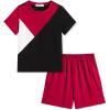 Arshiner Toddler Boy Summer Clothes Outfits Kids Colorblock Short Sleeve T-shirt Shorts Set 2-7 Years(Wine Red)