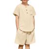 Arshiner Toddler Boy Summer Outfits Short Sleeve Henley T-Shirt & Shorts Set with Pocket for 2-8 Years Kids(Light Khaki)