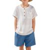 Arshiner Toddler Boy Summer Outfits Short Sleeve Henley T-Shirt & Shorts Set with Pocket for 2-8 Years Kids(White & Blue)