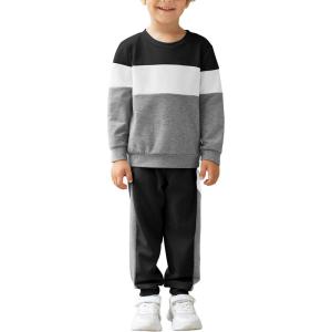 Arshiner Boys Clothes Color Block Sweatshirt & Casual Pants 2Pcs Fall Winter Outfits Set for Kids 2-12 Years(Black & Gray)