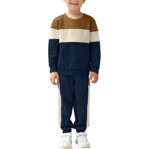 Arshiner Boys Clothes Color Block Sweatshirt & Casual Pants 2Pcs Fall Winter Outfits Set for Kids 2-12 Years(Brown & Beige Stripe)