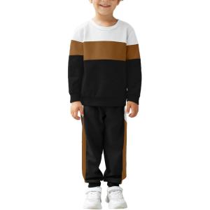 Arshiner Boys Clothes Color Block Sweatshirt & Casual Pants 2Pcs Fall Winter Outfits Set for Kids 2-12 Years(White & Brown Stripe)