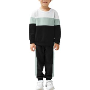 Arshiner Boys Clothes Color Block Sweatshirt & Casual Pants 2Pcs Fall Winter Outfits Set for Kids 2-12 Years(White & Green Stripe)