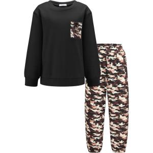Arshiner Boys Fleece Colorblock Sweatshirt & Pants Outfit Set Fall Winter Clothes Toddler to Big Kid Sizes (2~12 Years)(Black + Army Camo)