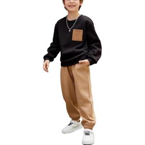 Arshiner Boys Fleece Colorblock Sweatshirt & Pants Outfit Set Fall Winter Clothes Toddler to Big Kid Sizes (2~12 Years)(Black + Brown)
