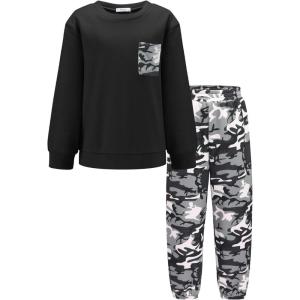 Arshiner Boys Fleece Colorblock Sweatshirt & Pants Outfit Set Fall Winter Clothes Toddler to Big Kid Sizes (2~12 Years)(Black + Camo)