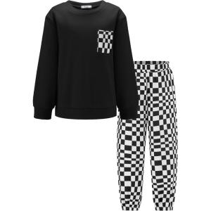Arshiner Boys Fleece Colorblock Sweatshirt & Pants Outfit Set Fall Winter Clothes Toddler to Big Kid Sizes (2~12 Years)(Black + Checkered)
