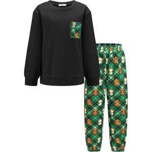 Arshiner Boys Fleece Colorblock Sweatshirt & Pants Outfit Set Fall Winter Clothes Toddler to Big Kid Sizes (2~12 Years)(Black + Green Plaid)