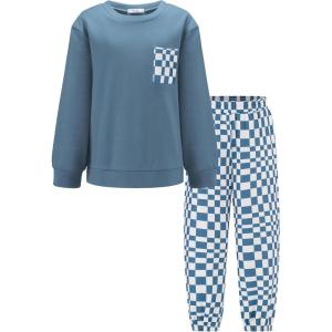 Arshiner Boys Fleece Colorblock Sweatshirt & Pants Outfit Set Fall Winter Clothes Toddler to Big Kid Sizes (2~12 Years)(Blue + Checkered)