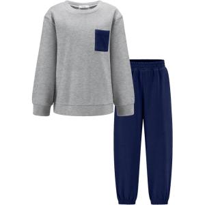 Arshiner Boys Fleece Colorblock Sweatshirt & Pants Outfit Set Fall Winter Clothes Toddler to Big Kid Sizes (2~12 Years)(Grey + Navy)