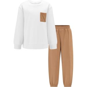Arshiner Boys Fleece Colorblock Sweatshirt & Pants Outfit Set Fall Winter Clothes Toddler to Big Kid Sizes (2~12 Years)(White + Brown)