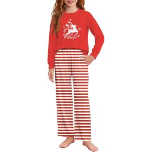 Arshiner Girls Christmas Pajamas Holiday Pjs for Kids Santa Long Sleeve Sleepwear(Red Deer Stripes)