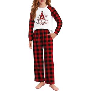 Arshiner Girls Christmas Pajamas Holiday Pjs for Kids Santa Long Sleeve Sleepwear(Red Plaid Christmas Tree)