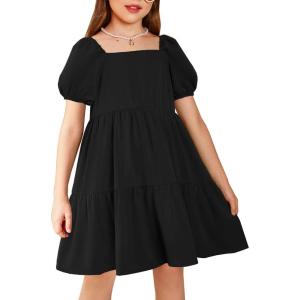 Arshiner Girls Dresses Short Sleeve Ruffle Chiffon Summer Flowy Dress with Square Neck(A Black)