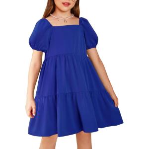 Arshiner Girls Dresses Short Sleeve Ruffle Chiffon Summer Flowy Dress with Square Neck(A Blue)