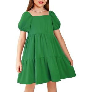 Arshiner Girls Dresses Short Sleeve Ruffle Chiffon Summer Flowy Dress with Square Neck(A Green)