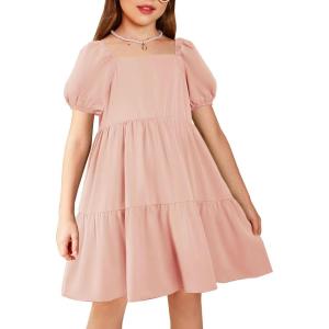 Arshiner Girls Dresses Short Sleeve Ruffle Chiffon Summer Flowy Dress with Square Neck(A Pink)