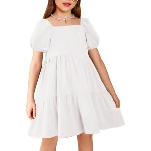 Arshiner Girls Dresses Short Sleeve Ruffle Chiffon Summer Flowy Dress with Square Neck(A White)