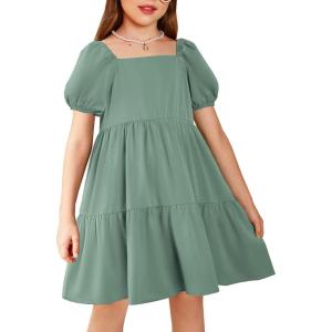Arshiner Girls Dresses Short Sleeve Ruffle Chiffon Summer Flowy Dress with Square Neck(Light Green)