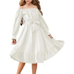Arshiner Girls Long Sleeve Dress Holiday Party Casual Ruffle Flowy Swing Midi Dresses 5-14 Years(White)