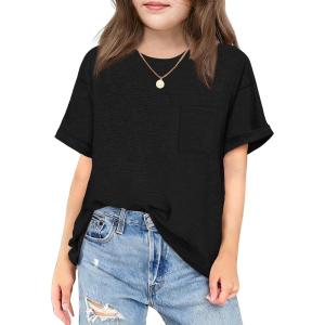 Arshiner Girls Oversized T Shirts with Pocket Short Sleeve Basic Crewneck Summer Casual Loose Tops Clothes 5-12 Years(Black)