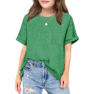Arshiner Girls Oversized T Shirts with Pocket Short Sleeve Basic Crewneck Summer Casual Loose Tops Clothes 5-12 Years(Green)