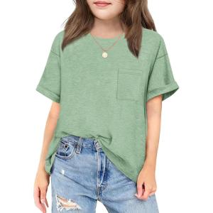 Arshiner Girls Oversized T Shirts with Pocket Short Sleeve Basic Crewneck Summer Casual Loose Tops Clothes 5-12 Years(Light Green)