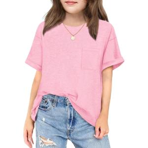 Arshiner Girls Oversized T Shirts with Pocket Short Sleeve Basic Crewneck Summer Casual Loose Tops Clothes 5-12 Years(Pink)