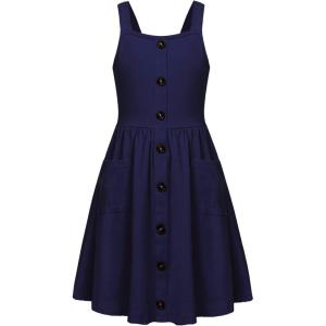 Arshiner Girl’s Spaghetti Strap Button Down Midi Sleeveless Summer Casual Sundress A-line Dress with Pockets(Navy Blue)