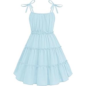 Arshiner Girls’ Summer Sundress Boho Spaghetti Strap Ruffled Tiered Dresses Casual Midi Cami Dress(Blue)