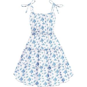 Arshiner Girls’ Summer Sundress Boho Spaghetti Strap Ruffled Tiered Dresses Casual Midi Cami Dress(Blue and White-floral)