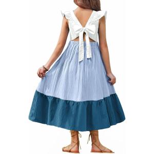 Arshiner Girls Summer Tie Back Dress Tween Boho Casual Square Neck Flutter Sleeve Maxi Dresses with Pockets(Blue Color Block)