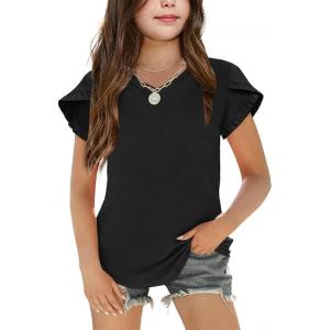 Arshiner Girls T Shirts Double Layer Ruffle Short Sleeve Casual V Neck Kids Summer Tops Blouse Tee(Black)