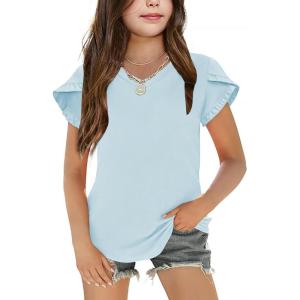 Arshiner Girls T Shirts Double Layer Ruffle Short Sleeve Casual V Neck Kids Summer Tops Blouse Tee(Light Blue)