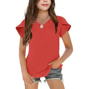 Arshiner Girls T Shirts Double Layer Ruffle Short Sleeve Casual V Neck Kids Summer Tops Blouse Tee(Red)
