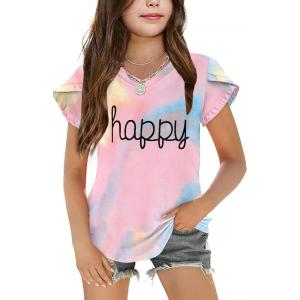 Arshiner Girls T Shirts Double Layer Ruffle Short Sleeve Casual V Neck Kids Summer Tops Blouse Tee(Tie Dye Happy)